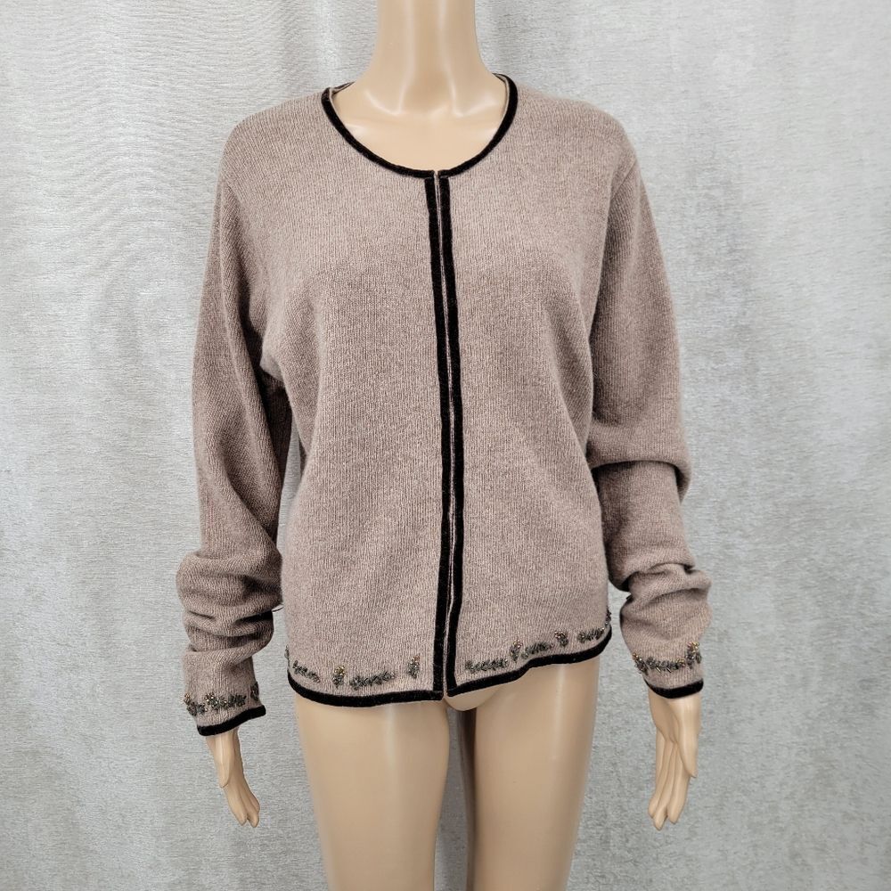 J. Jill Vintage Wool Women's Beige Sweater with Brown Velvet Trim